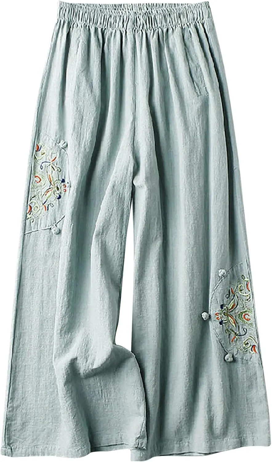 HGps8w Women's Cotton Linen Wide Leg Pants Plus Size Striped Drawstring Elastic High Waist Loose Lounge Trousers with Pockets