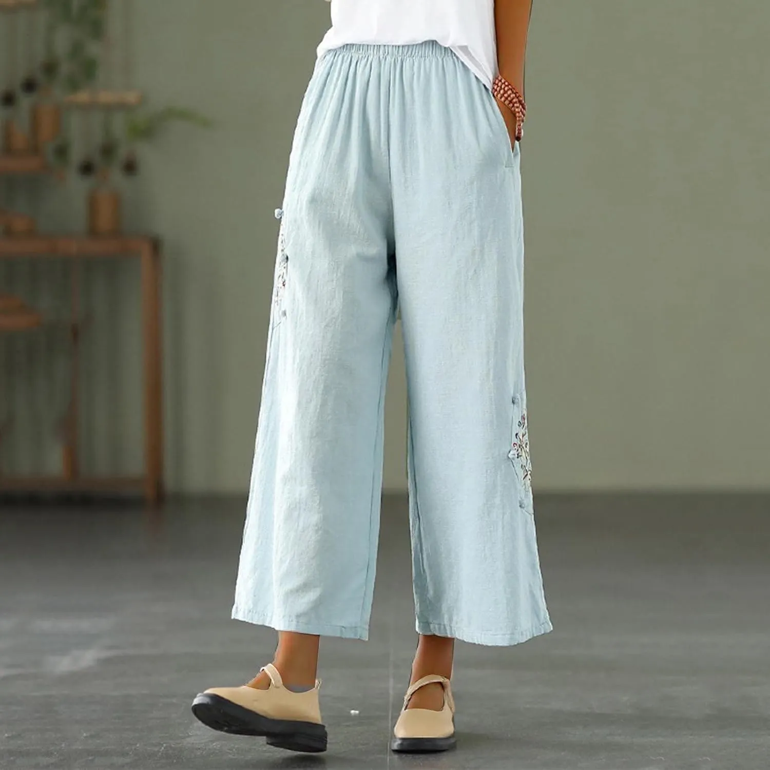 HGps8w Women's Cotton Linen Wide Leg Pants Plus Size Striped Drawstring Elastic High Waist Loose Lounge Trousers with Pockets