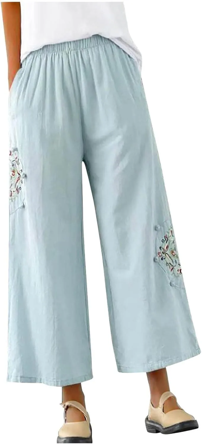 HGps8w Women's Cotton Linen Wide Leg Pants Plus Size Striped Drawstring Elastic High Waist Loose Lounge Trousers with Pockets