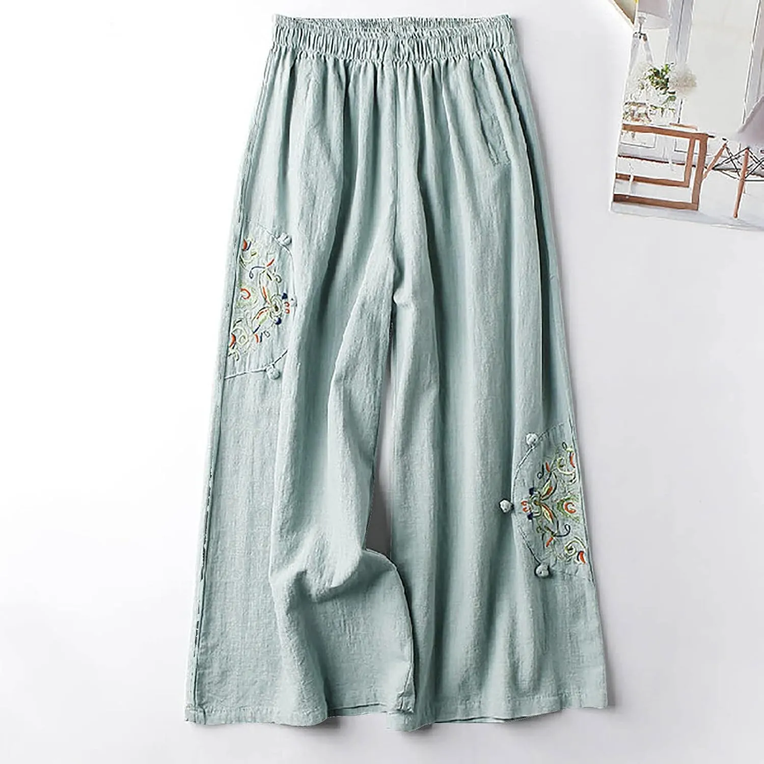 HGps8w Women's Cotton Linen Wide Leg Pants Plus Size Striped Drawstring Elastic High Waist Loose Lounge Trousers with Pockets