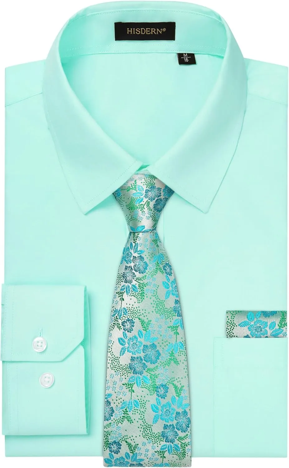 HISDERN Mens Dress Shirt and Tie Handkerchief Set Classic Long Sleeve Shirts Matching Ties Formal Button Down Shirts