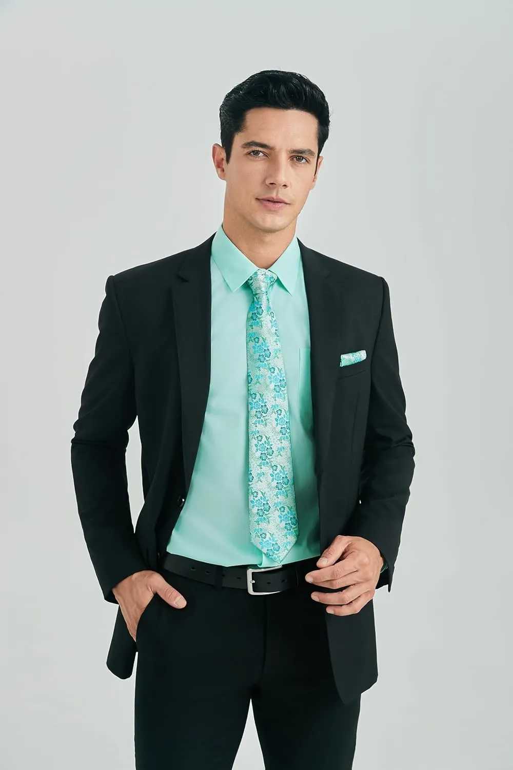 HISDERN Mens Dress Shirt and Tie Handkerchief Set Classic Long Sleeve Shirts Matching Ties Formal Button Down Shirts