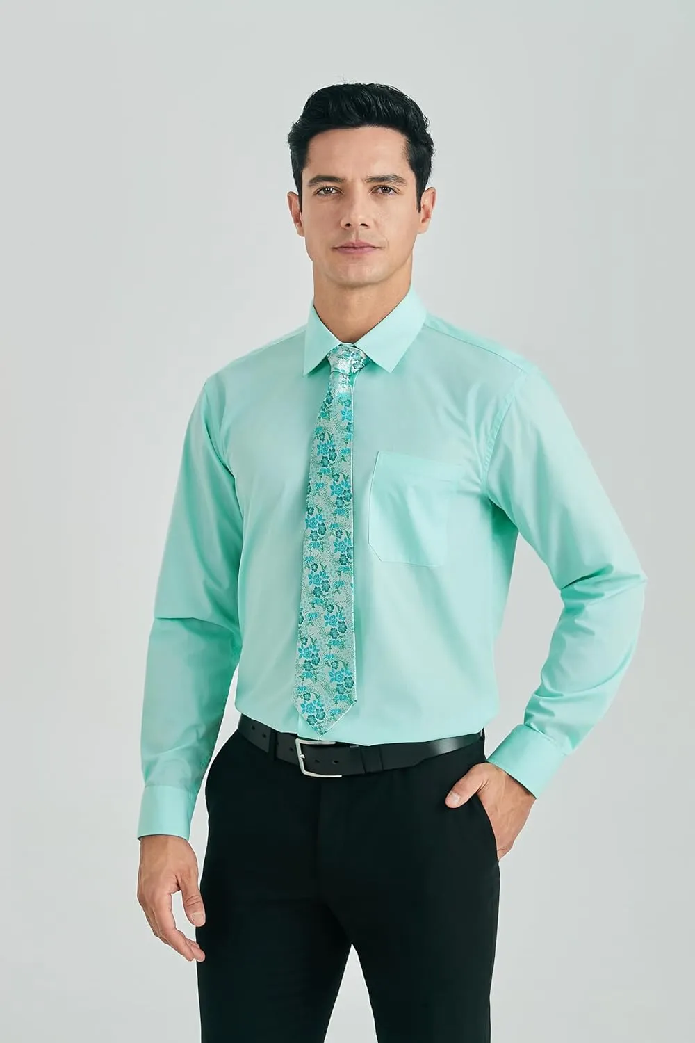 HISDERN Mens Dress Shirt and Tie Handkerchief Set Classic Long Sleeve Shirts Matching Ties Formal Button Down Shirts