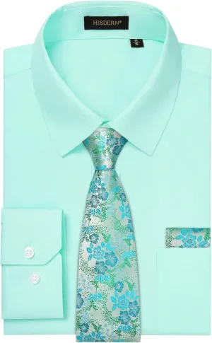 HISDERN Mens Dress Shirt and Tie Handkerchief Set Classic Long Sleeve Shirts Matching Ties Formal Button Down Shirts