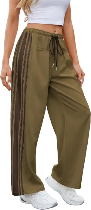 Hongsui Women's Wide Leg Pants Drawstring High Rise Side Striped Slouchy Palazzo Pants with Pockets (ArmyGreen-L)