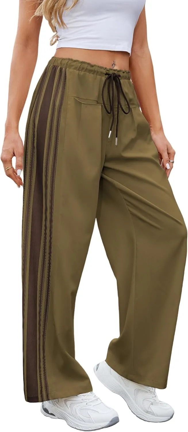 Hongsui Women's Wide Leg Pants Drawstring High Rise Side Striped Slouchy Palazzo Pants with Pockets (ArmyGreen-L)