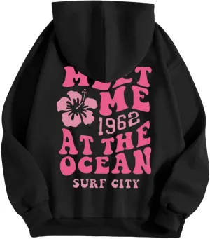hoodies for women,Preppy Casual Letter Floral Print Sweatshirt Drawstring Oversized Graphic Pullover Cute Hoodies