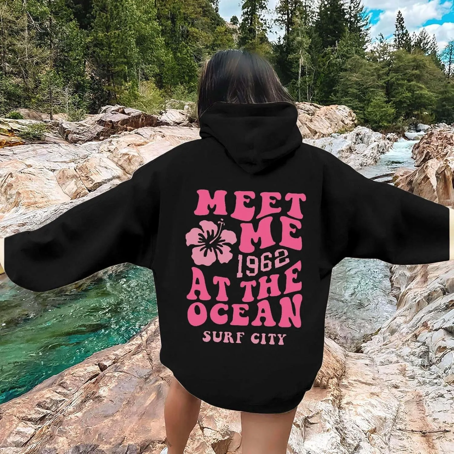 hoodies for women,Preppy Casual Letter Floral Print Sweatshirt Drawstring Oversized Graphic Pullover Cute Hoodies