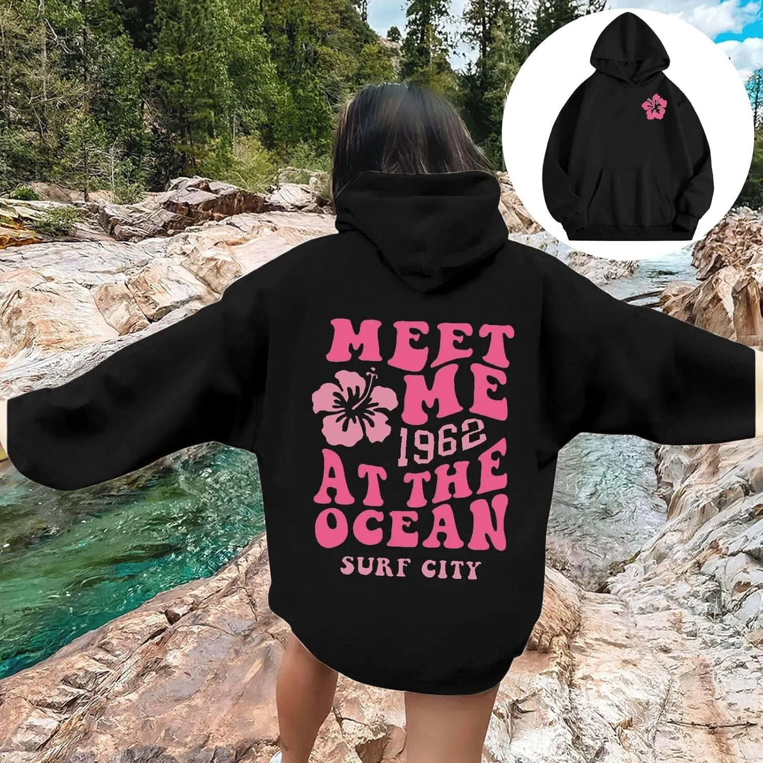 hoodies for women,Preppy Casual Letter Floral Print Sweatshirt Drawstring Oversized Graphic Pullover Cute Hoodies