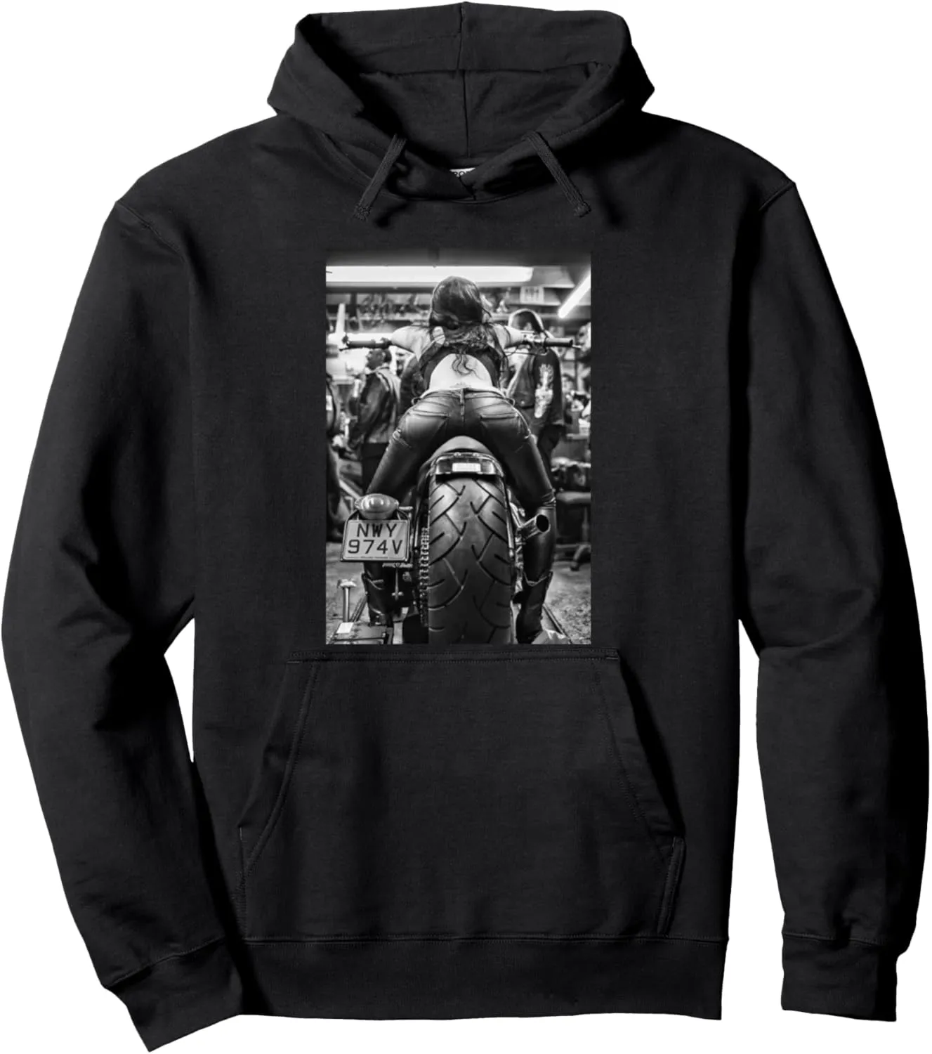 Hot t-shirt, cool biker style motorcycle woman in hot pants Pullover Hoodie