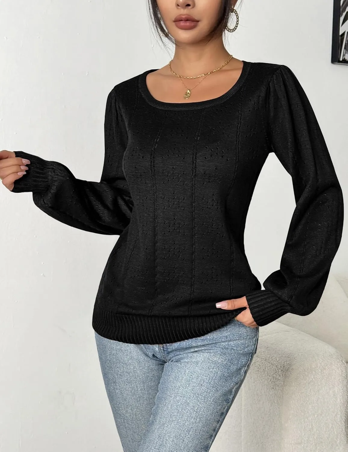HOTOUCH Womens Puff Sleeve Tops Spring Summer 2025 Trendy Casual Knit Sweaters Square Neck Cute Tunic Pullover Blouses Shirts