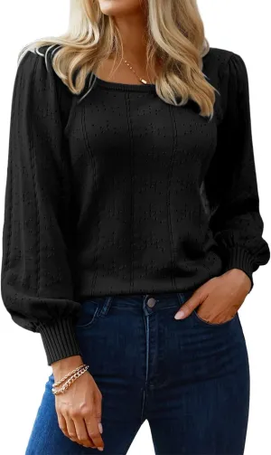 HOTOUCH Womens Puff Sleeve Tops Spring Summer 2025 Trendy Casual Knit Sweaters Square Neck Cute Tunic Pullover Blouses Shirts