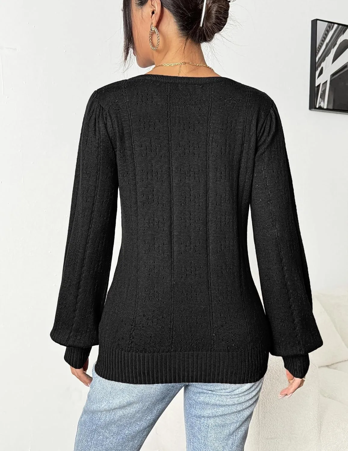 HOTOUCH Womens Puff Sleeve Tops Spring Summer 2025 Trendy Casual Knit Sweaters Square Neck Cute Tunic Pullover Blouses Shirts
