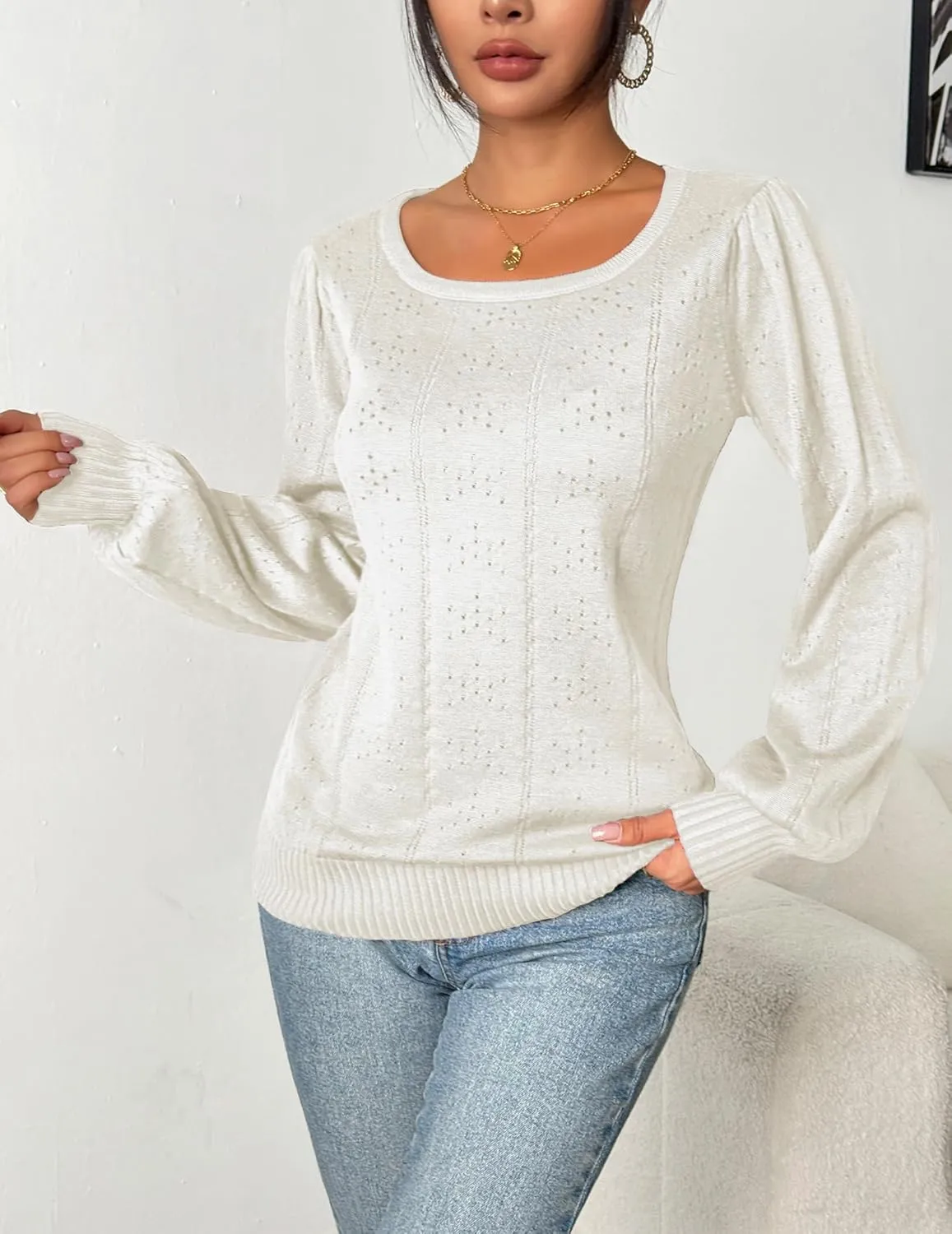 HOTOUCH Womens Puff Sleeve Tops Spring Summer 2025 Trendy Casual Knit Sweaters Square Neck Cute Tunic Pullover Blouses Shirts