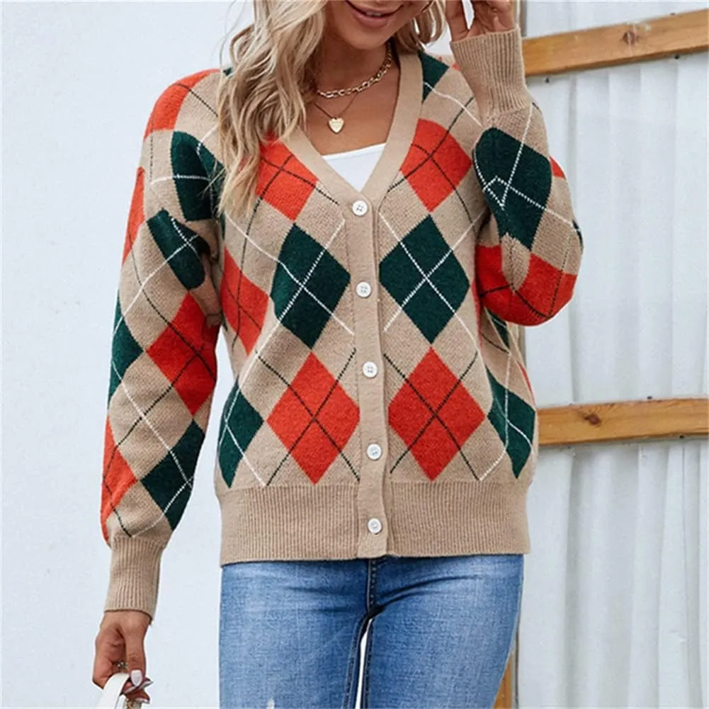 HOULENGS Women's Argyle Print Open Front Knit Sweater Button Down V Neck Cardigan Sweater Outerwear