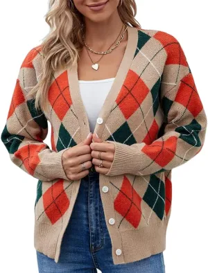 HOULENGS Women's Argyle Print Open Front Knit Sweater Button Down V Neck Cardigan Sweater Outerwear