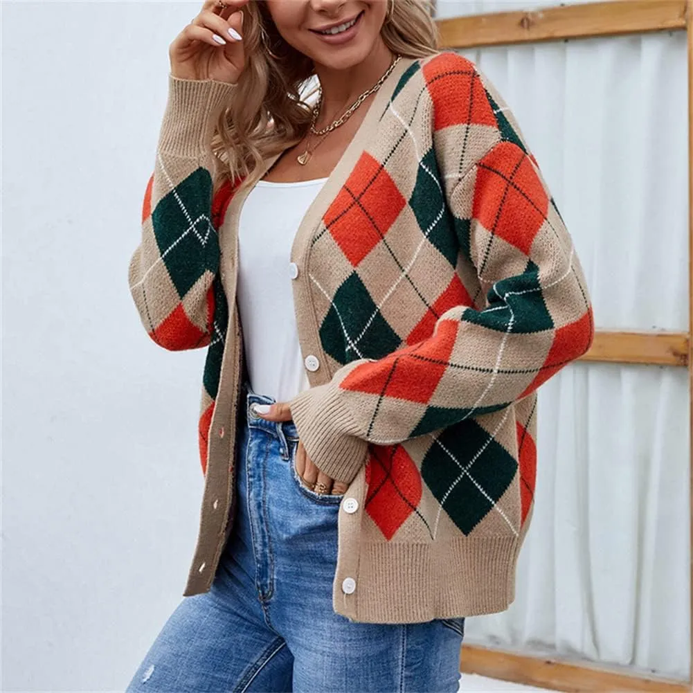 HOULENGS Women's Argyle Print Open Front Knit Sweater Button Down V Neck Cardigan Sweater Outerwear