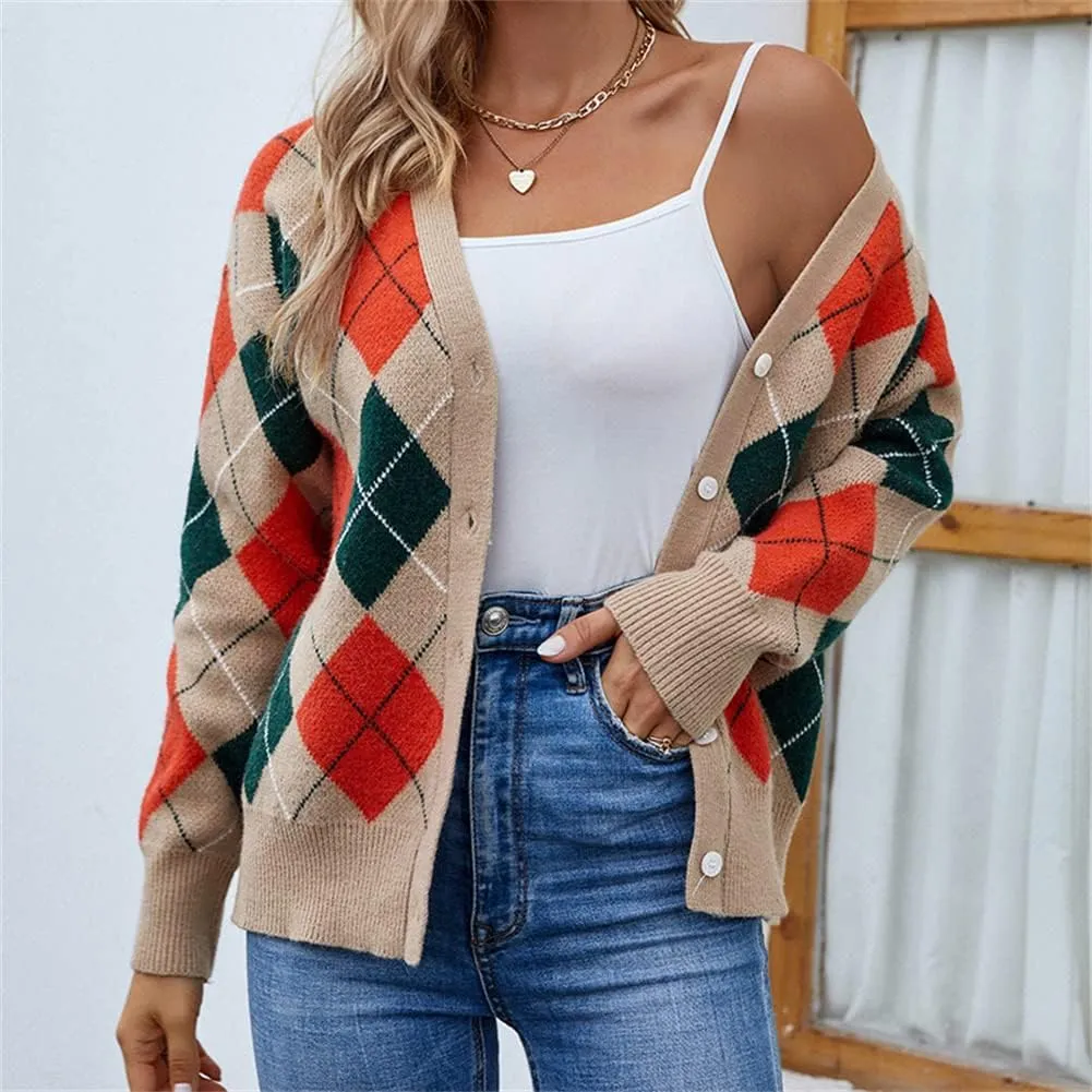 HOULENGS Women's Argyle Print Open Front Knit Sweater Button Down V Neck Cardigan Sweater Outerwear