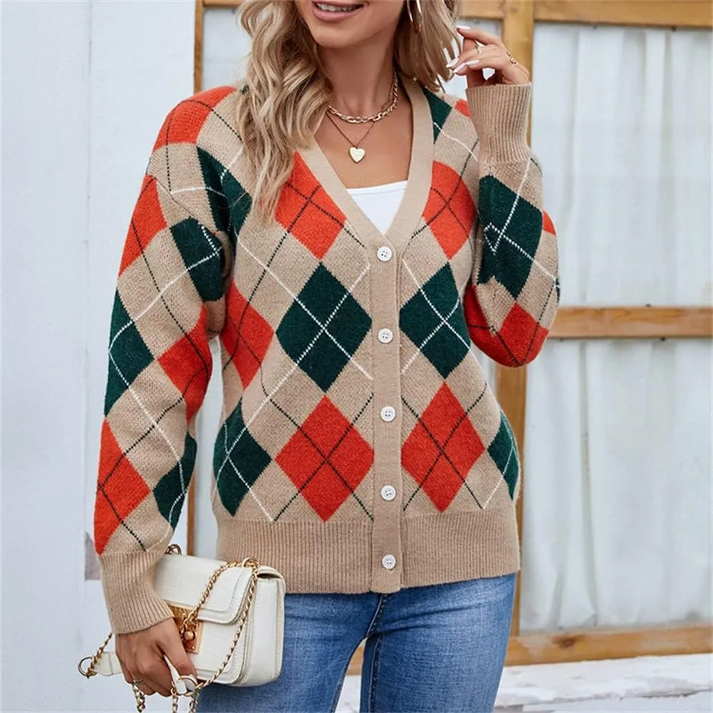 HOULENGS Women's Argyle Print Open Front Knit Sweater Button Down V Neck Cardigan Sweater Outerwear