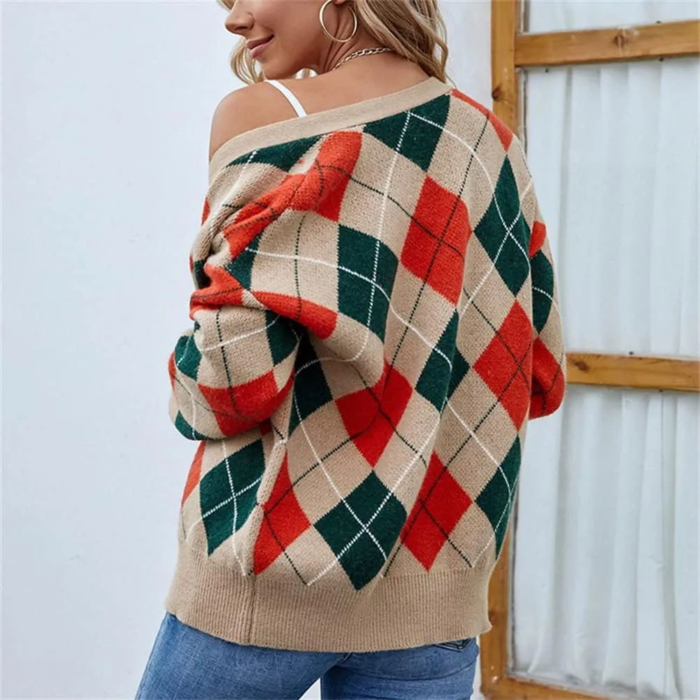 HOULENGS Women's Argyle Print Open Front Knit Sweater Button Down V Neck Cardigan Sweater Outerwear