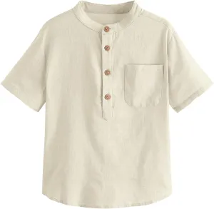 Inorin Boys Button Up Henley Shirt Short Sleeve Lightweight Summer Linen Cotton Dress Shirts Tees Tops with One Pocket