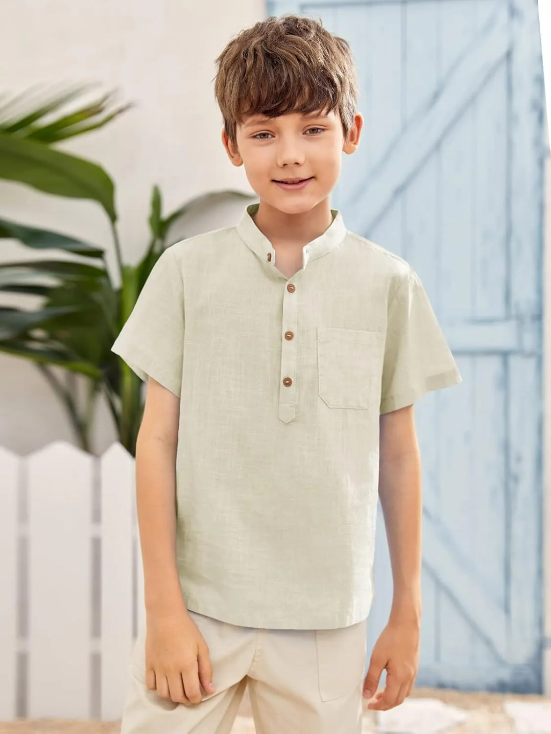 Inorin Boys Button Up Henley Shirt Short Sleeve Lightweight Summer Linen Cotton Dress Shirts Tees Tops with One Pocket
