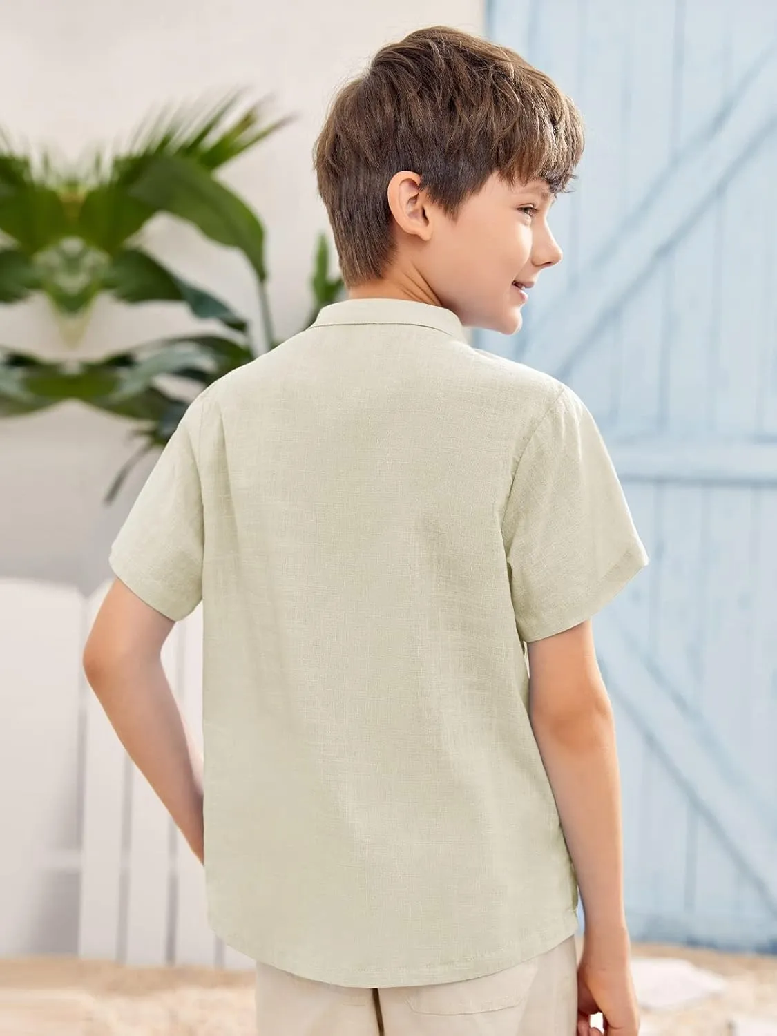 Inorin Boys Button Up Henley Shirt Short Sleeve Lightweight Summer Linen Cotton Dress Shirts Tees Tops with One Pocket