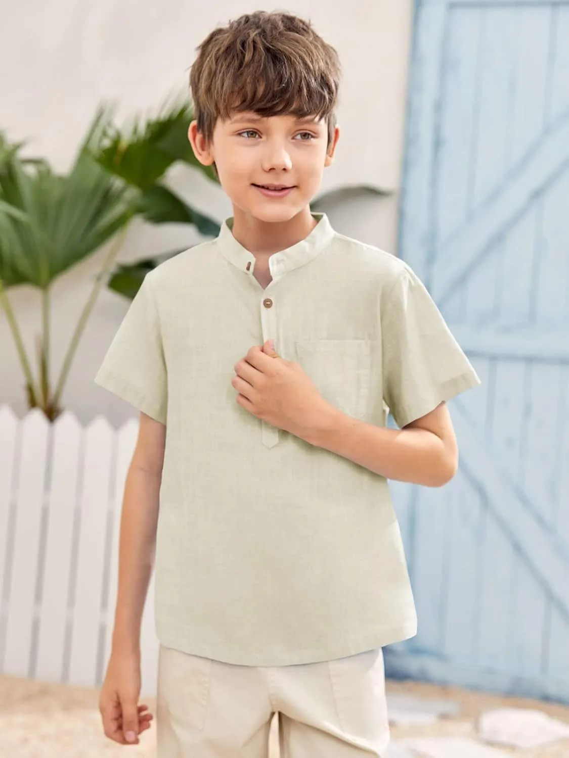 Inorin Boys Button Up Henley Shirt Short Sleeve Lightweight Summer Linen Cotton Dress Shirts Tees Tops with One Pocket