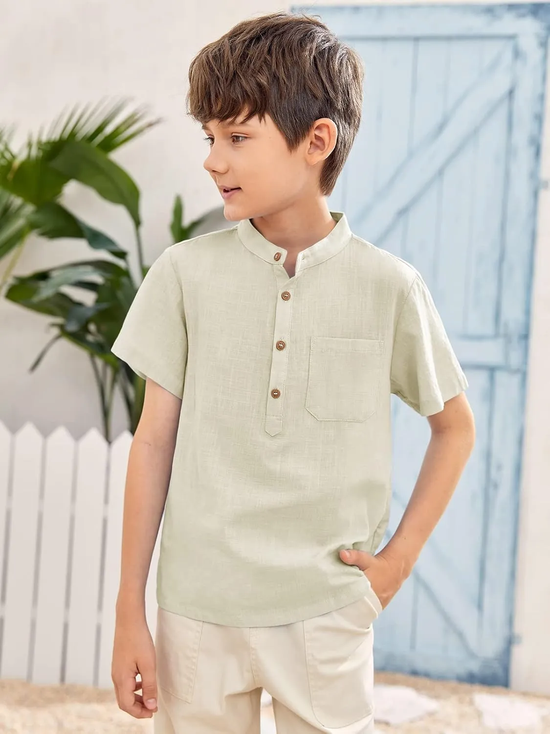 Inorin Boys Button Up Henley Shirt Short Sleeve Lightweight Summer Linen Cotton Dress Shirts Tees Tops with One Pocket