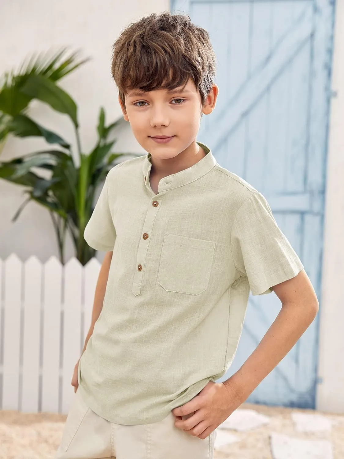 Inorin Boys Button Up Henley Shirt Short Sleeve Lightweight Summer Linen Cotton Dress Shirts Tees Tops with One Pocket