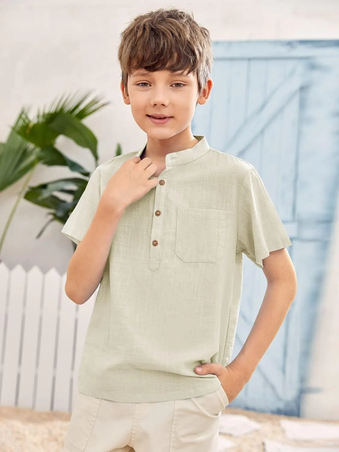 Inorin Boys Button Up Henley Shirt Short Sleeve Lightweight Summer Linen Cotton Dress Shirts Tees Tops with One Pocket