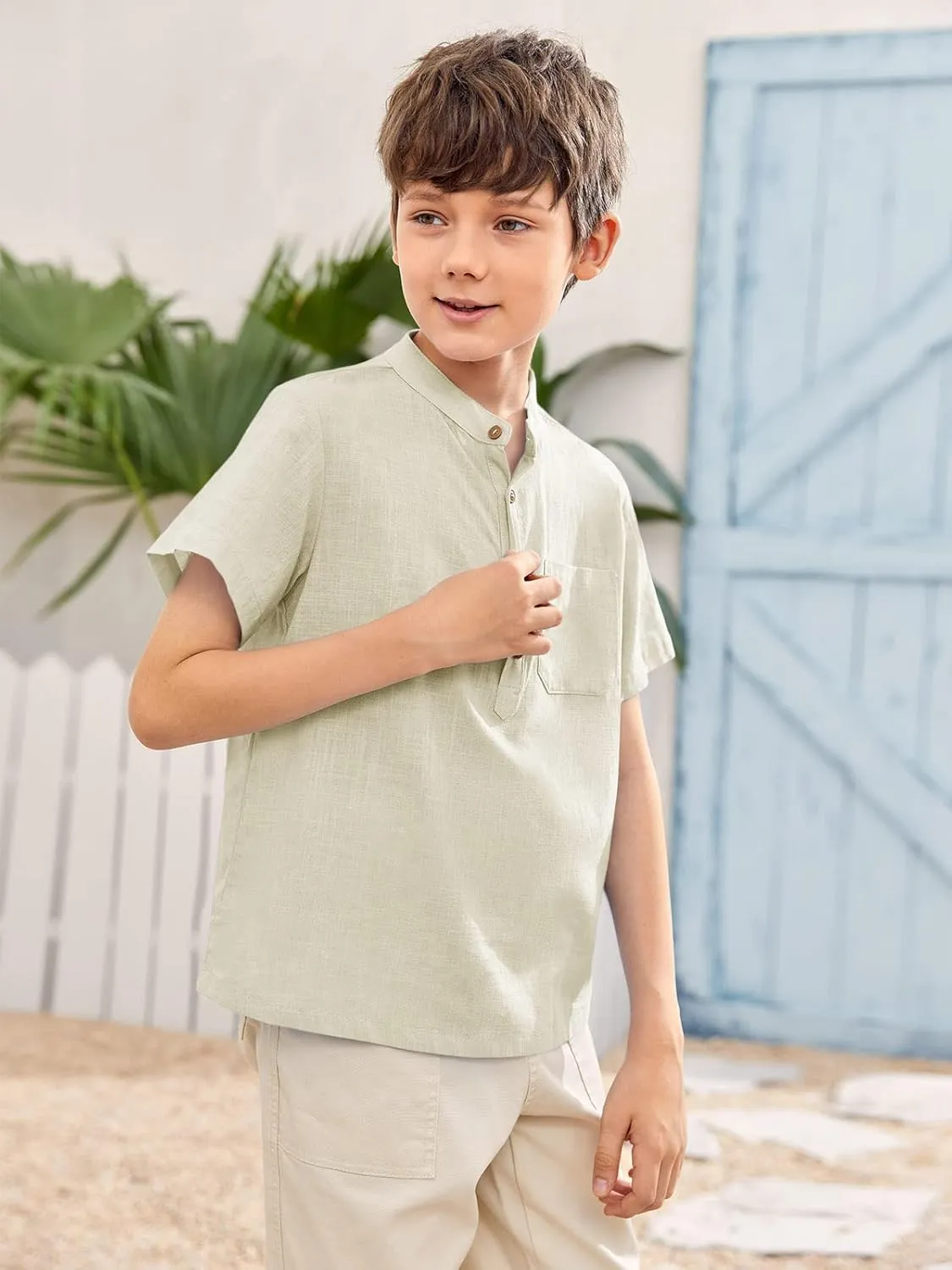 Inorin Boys Button Up Henley Shirt Short Sleeve Lightweight Summer Linen Cotton Dress Shirts Tees Tops with One Pocket
