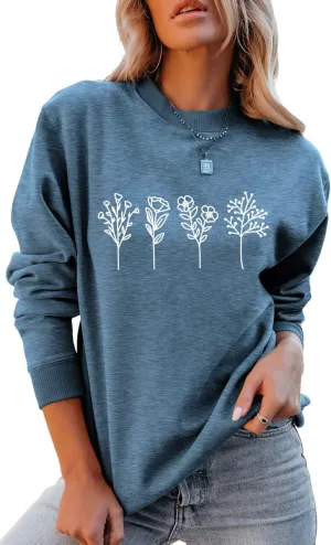 JBF Cloth Flower Sweatshirt Womens 80s Vintage Minimalistic Floral Printed Long Sleeves Sweatshirt Pullovers Tops