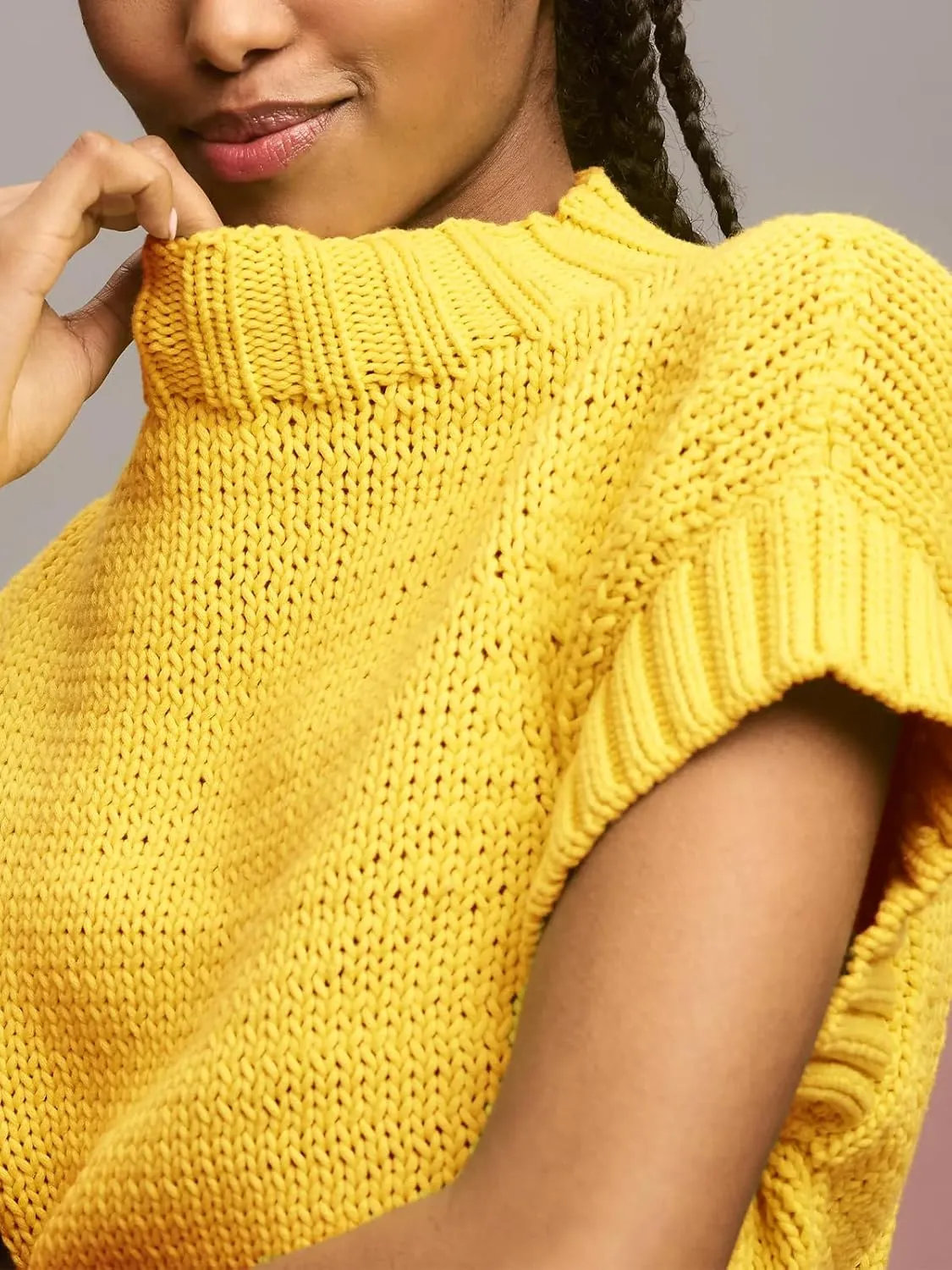 Jenkoon Women's Ultra Soft Fashion Sweater Vest Mock-Neck Extended Shoulder Sweater Vest Cap Sleeve Knit Pullover