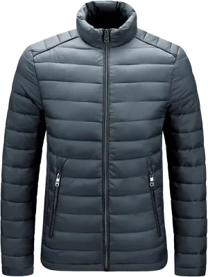 JEShifangjiusu Men Winter Cotton Padded Jacket Casual Stand Collar Hoodless Zipper Pocket Coat Thicken Long Sleeve Coats, Grey, XX-Large