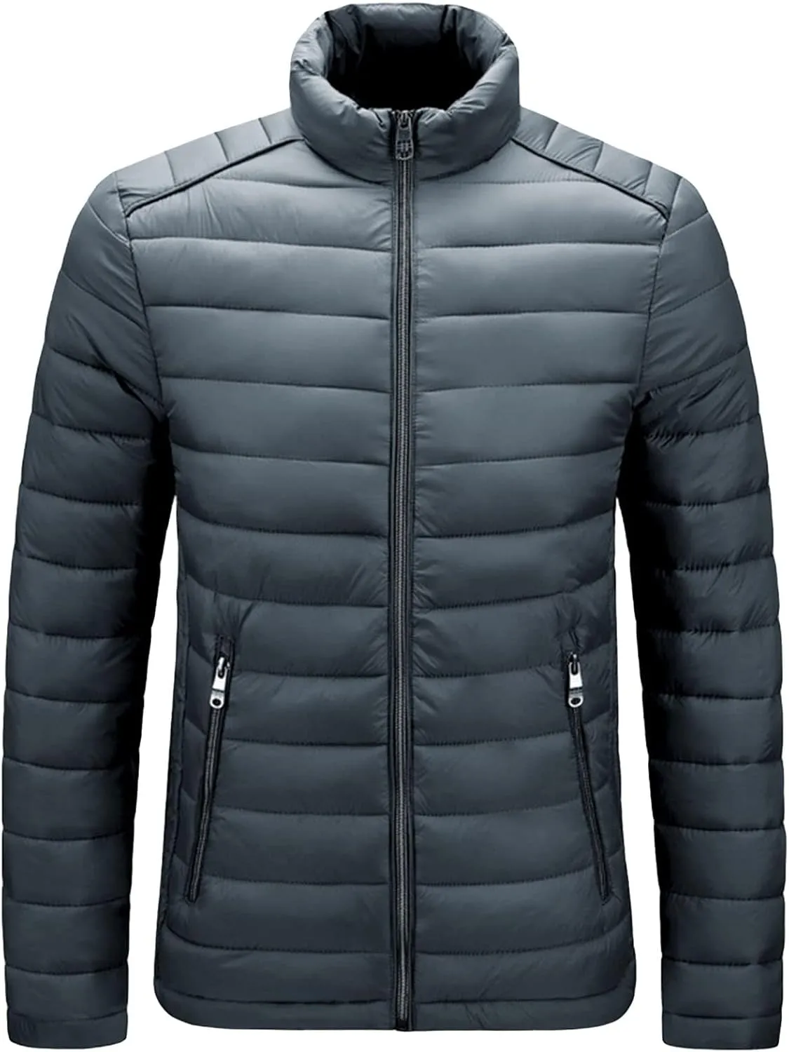 JEShifangjiusu Men Winter Cotton Padded Jacket Casual Stand Collar Hoodless Zipper Pocket Coat Thicken Long Sleeve Coats, Grey, XX-Large