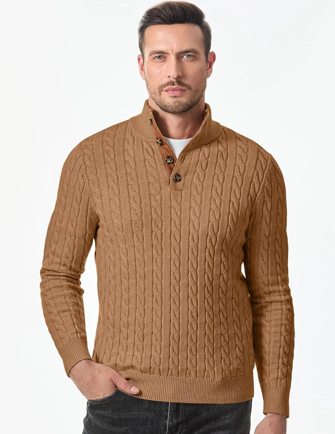 JMIERR Men's Cable Knit Pullover Sweater Casual Long Sleeve Stand Collar Button Knitted Sweaters
