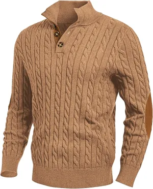 JMIERR Men's Cable Knit Pullover Sweater Casual Long Sleeve Stand Collar Button Knitted Sweaters