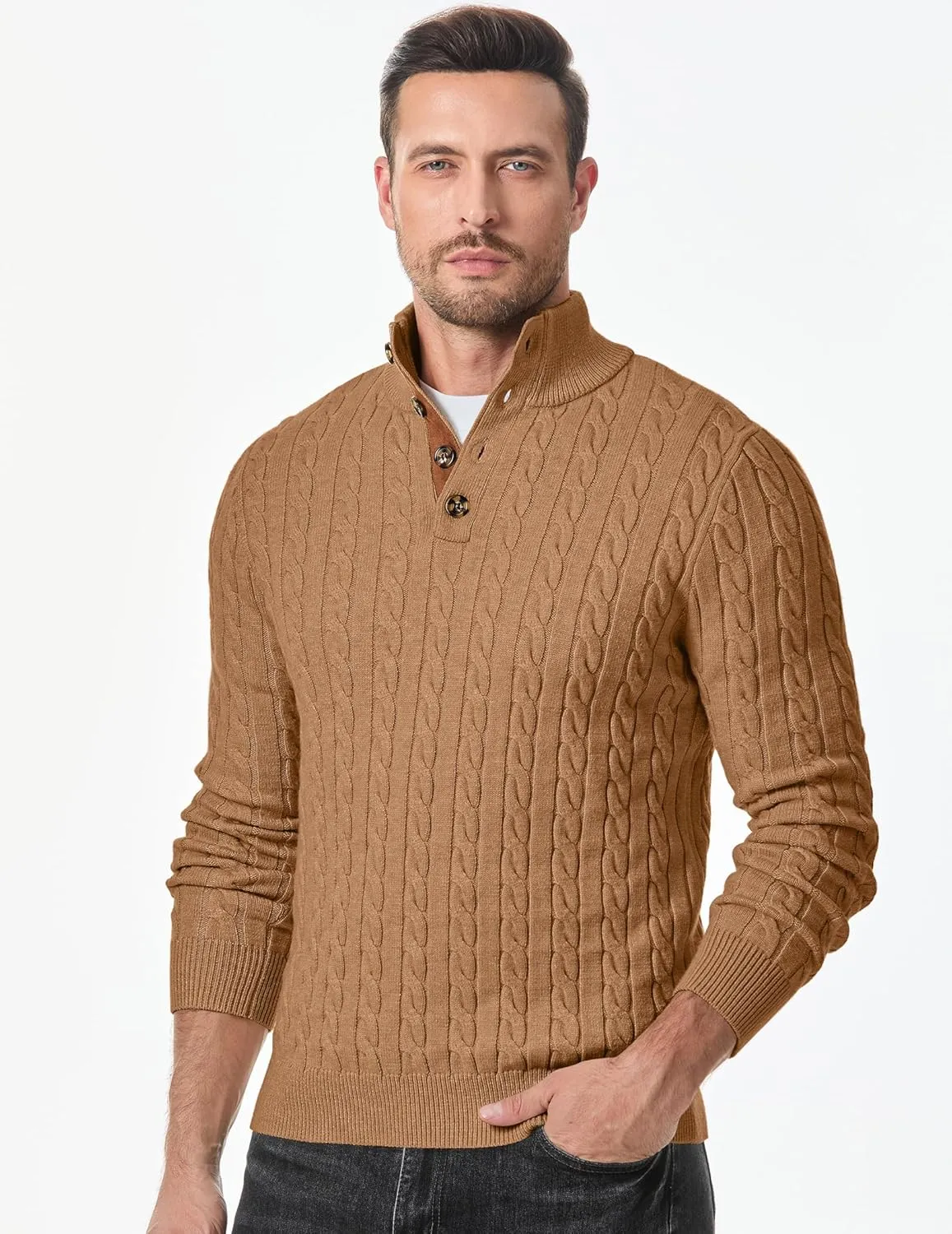 JMIERR Men's Cable Knit Pullover Sweater Casual Long Sleeve Stand Collar Button Knitted Sweaters