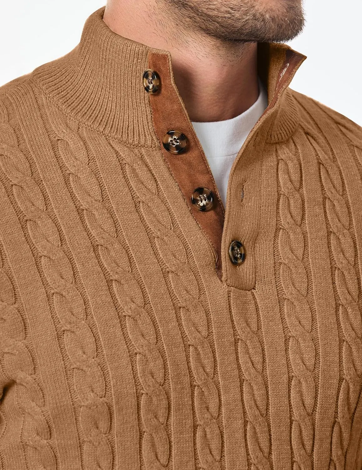 JMIERR Men's Cable Knit Pullover Sweater Casual Long Sleeve Stand Collar Button Knitted Sweaters