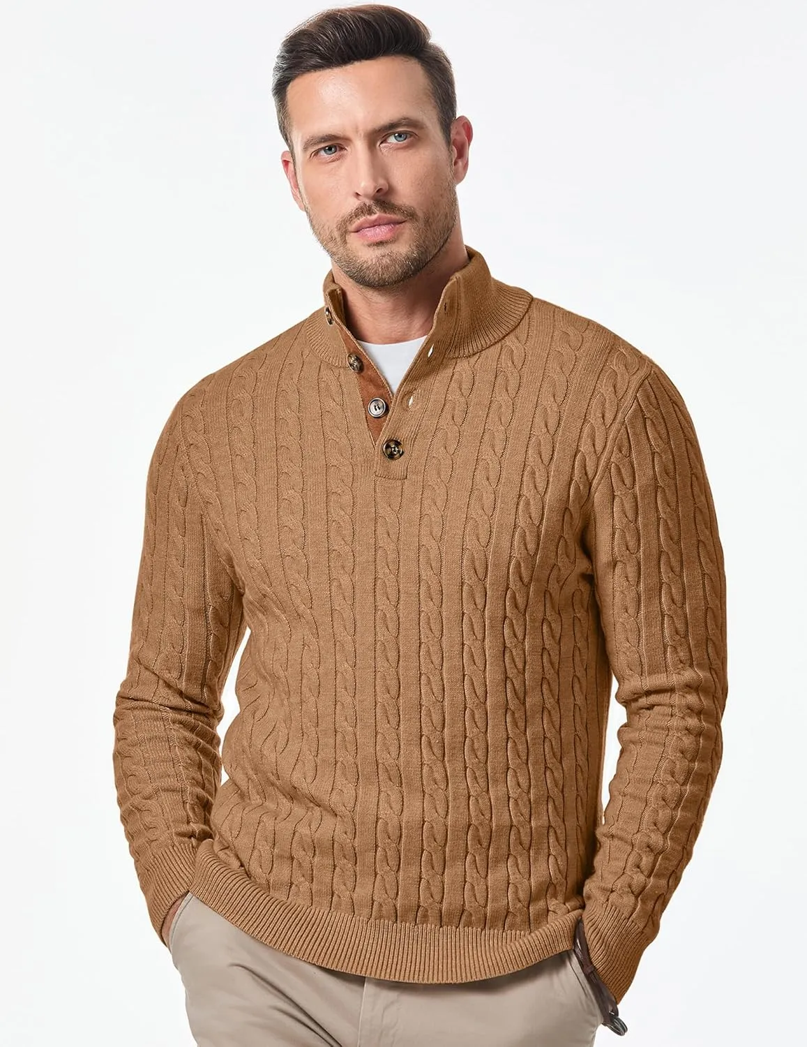 JMIERR Men's Cable Knit Pullover Sweater Casual Long Sleeve Stand Collar Button Knitted Sweaters