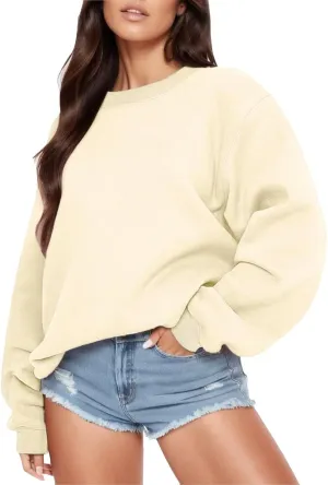 JOYO Womens Daily Streetwear Solid Color Round Neck Long Sleeve Top Loose Cotton Pullover Hoodie Oversized Sweatshirt