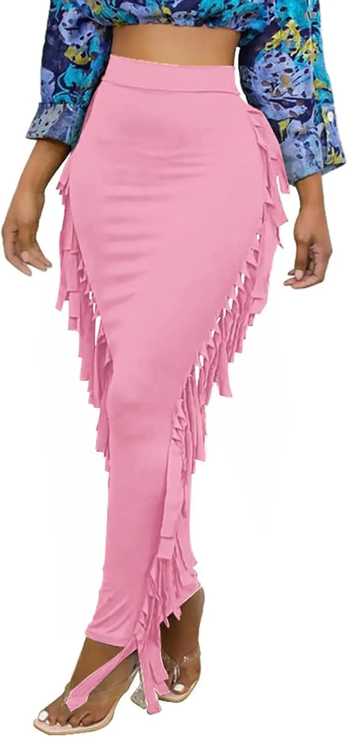 kinstell Women's Elastic High Waist Slim Bodycon Tassels Long Maxi Clubwear Night Out Pencil Skirts