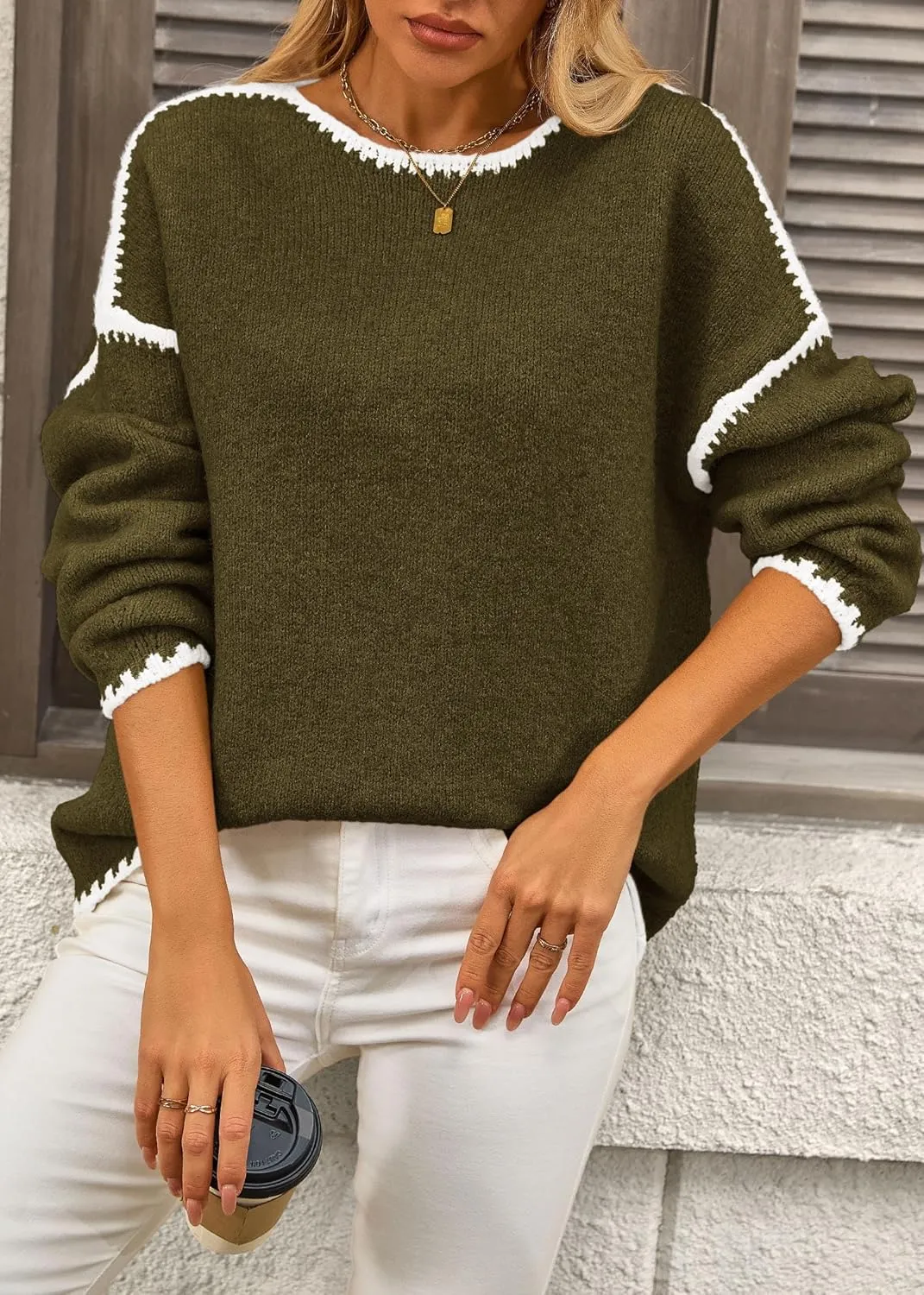 KIRUNDO Womens Sweaters 2025 Fall Oversized Long Sleeve Chunky Knit Crew Neck Contrast Stitching Pullover Winter Clothes