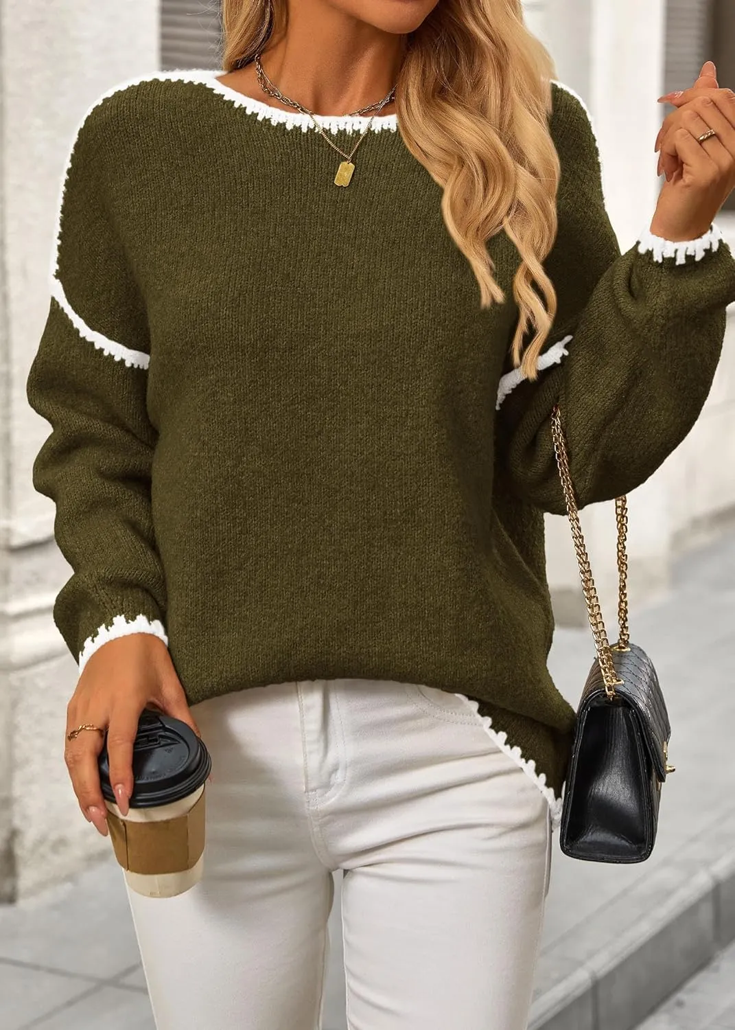 KIRUNDO Womens Sweaters 2025 Fall Oversized Long Sleeve Chunky Knit Crew Neck Contrast Stitching Pullover Winter Clothes
