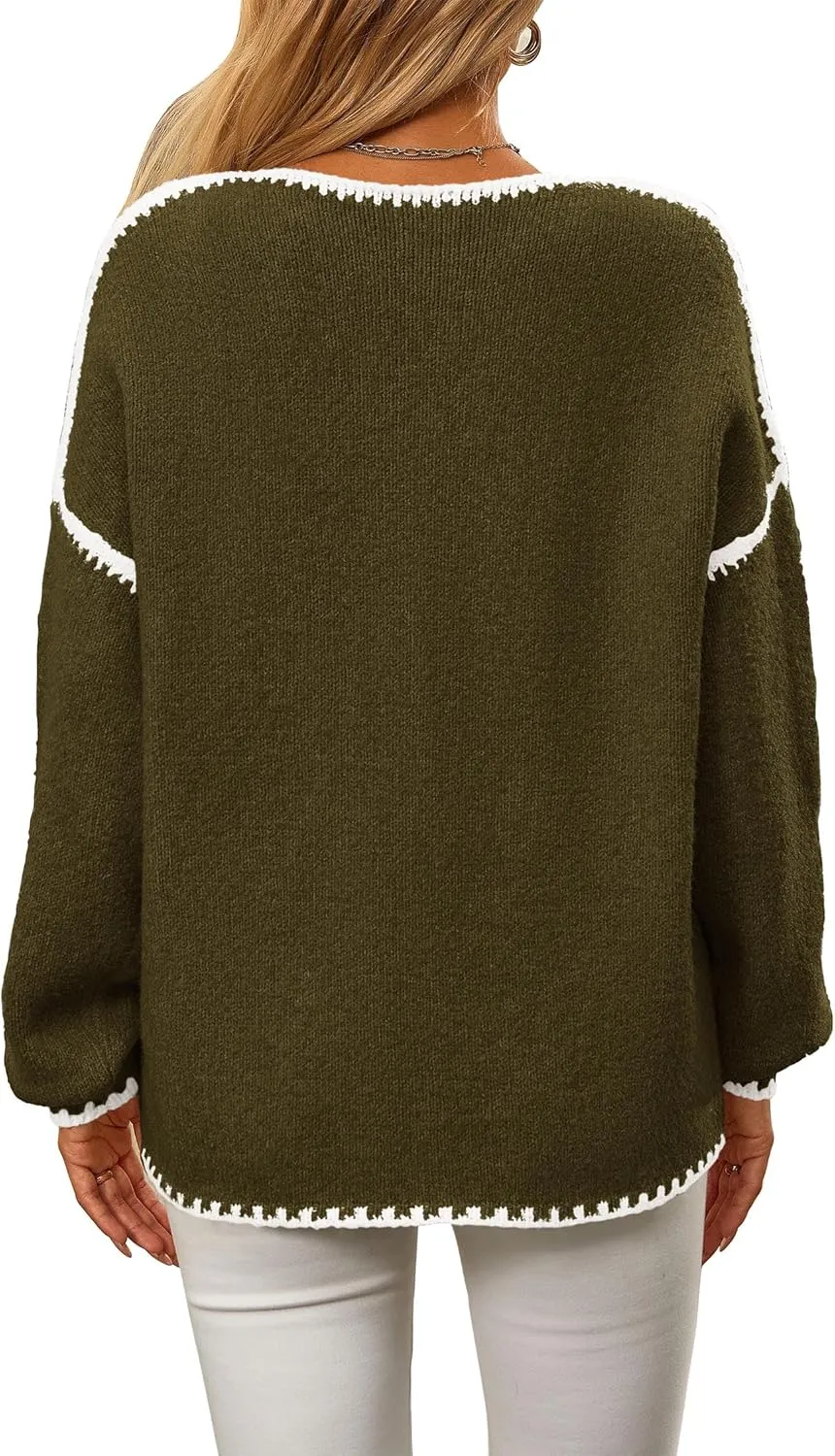KIRUNDO Womens Sweaters 2025 Fall Oversized Long Sleeve Chunky Knit Crew Neck Contrast Stitching Pullover Winter Clothes