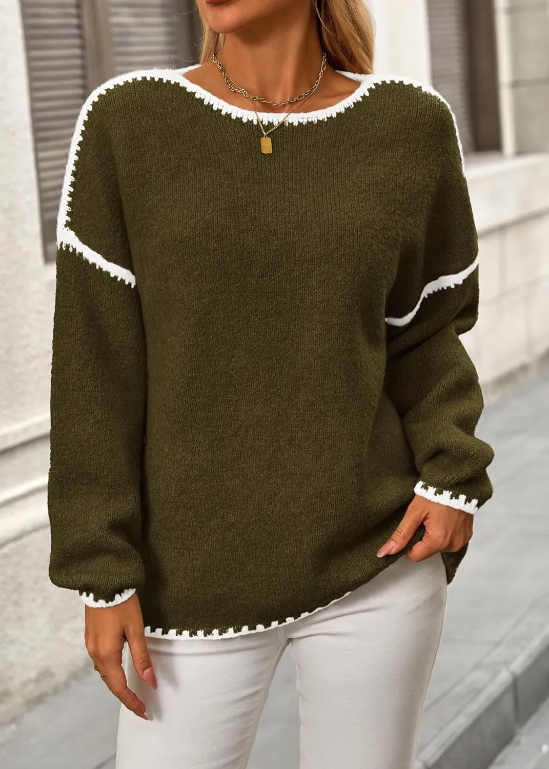 KIRUNDO Womens Sweaters 2025 Fall Oversized Long Sleeve Chunky Knit Crew Neck Contrast Stitching Pullover Winter Clothes