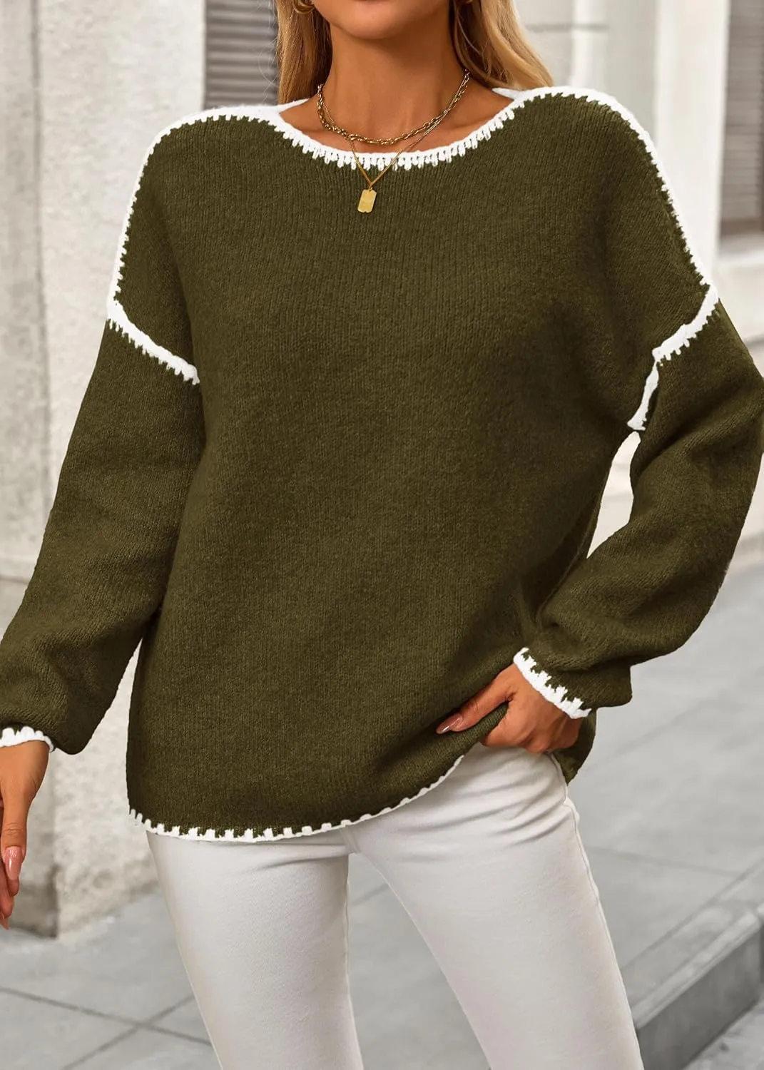 KIRUNDO Womens Sweaters 2025 Fall Oversized Long Sleeve Chunky Knit Crew Neck Contrast Stitching Pullover Winter Clothes