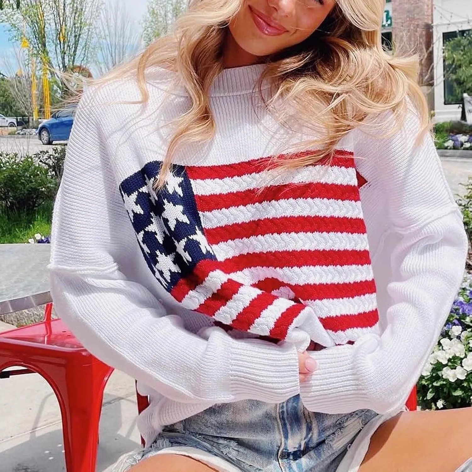 KMBANGI Women American Flag Sweater Graphic Loose Vintage Long Sleeve Crewneck Knitted Jumper Top Patriotic Pullover