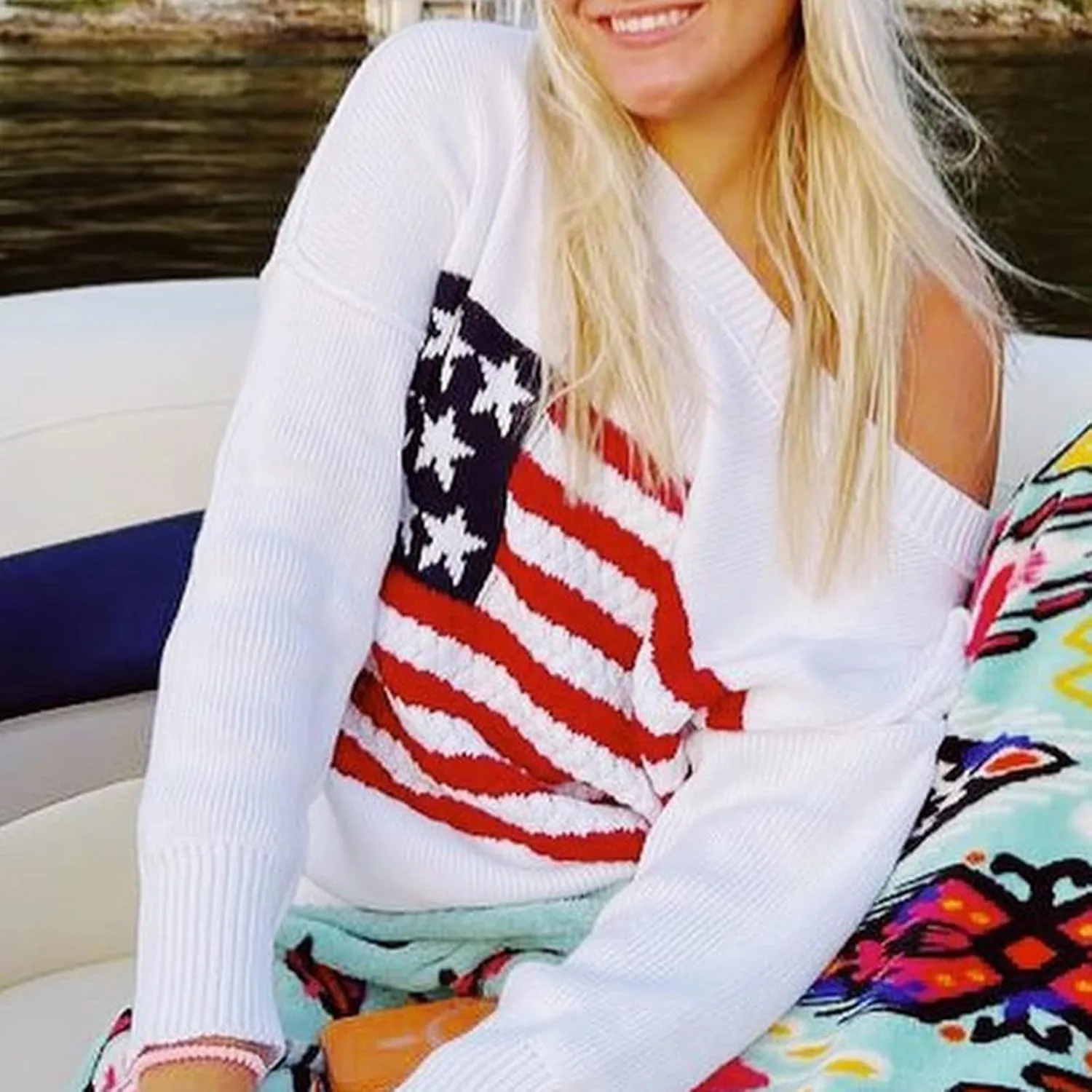 KMBANGI Women American Flag Sweater Graphic Loose Vintage Long Sleeve Crewneck Knitted Jumper Top Patriotic Pullover